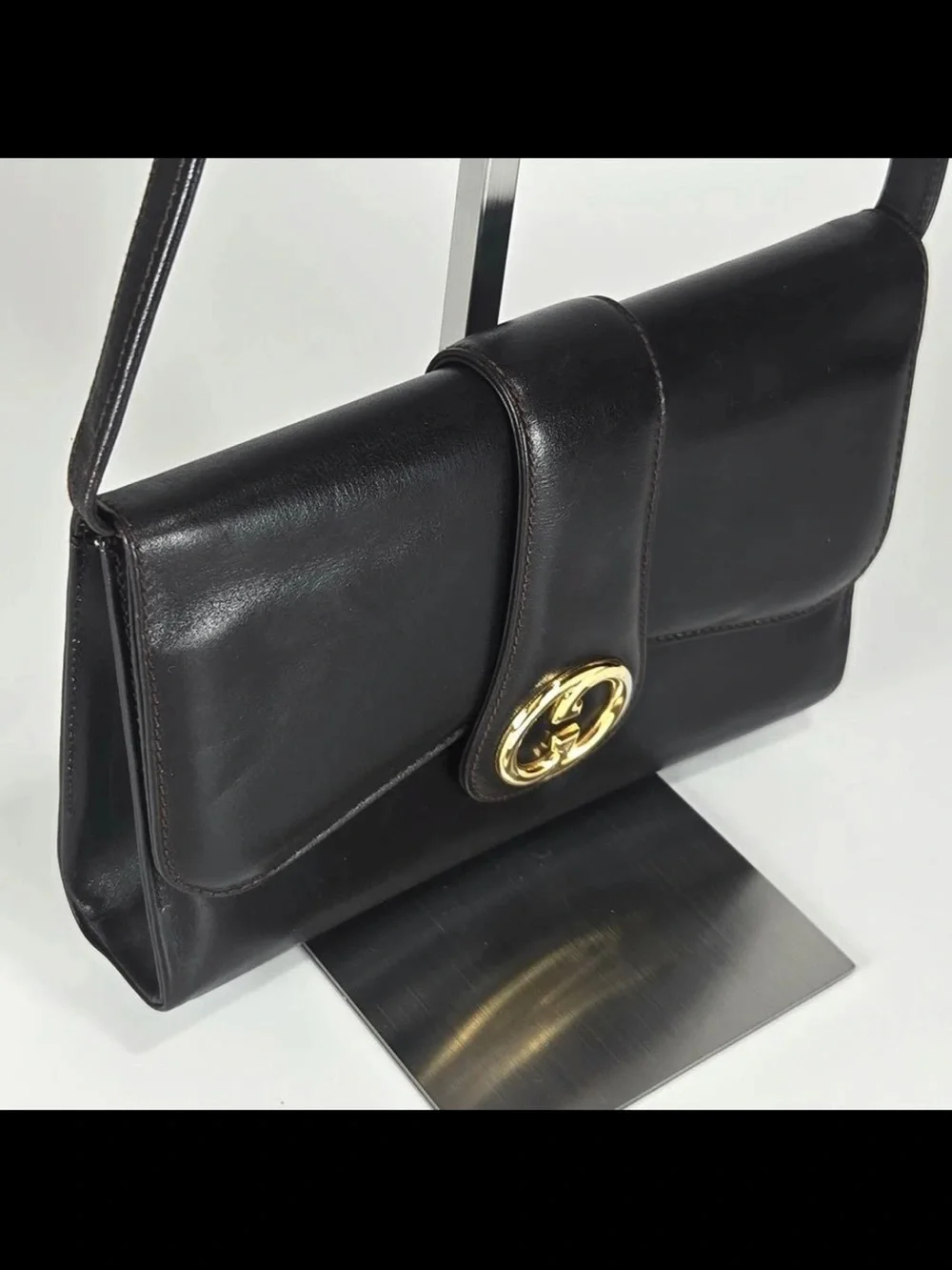 Gucci Black Leather Shoulder Bag with Gold Double G Accent
